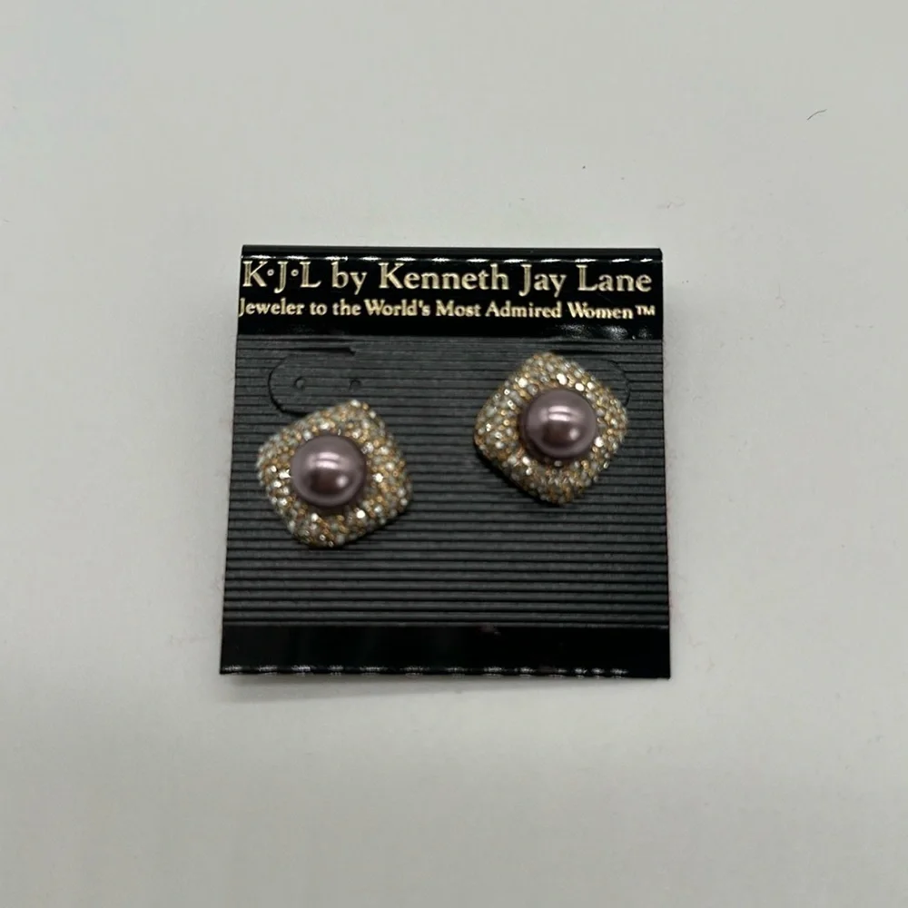 KJL Kenneth Jay Lane Vintage Faux Purple Pearl & Pave Pierced Earrings - Picture 2 of 5